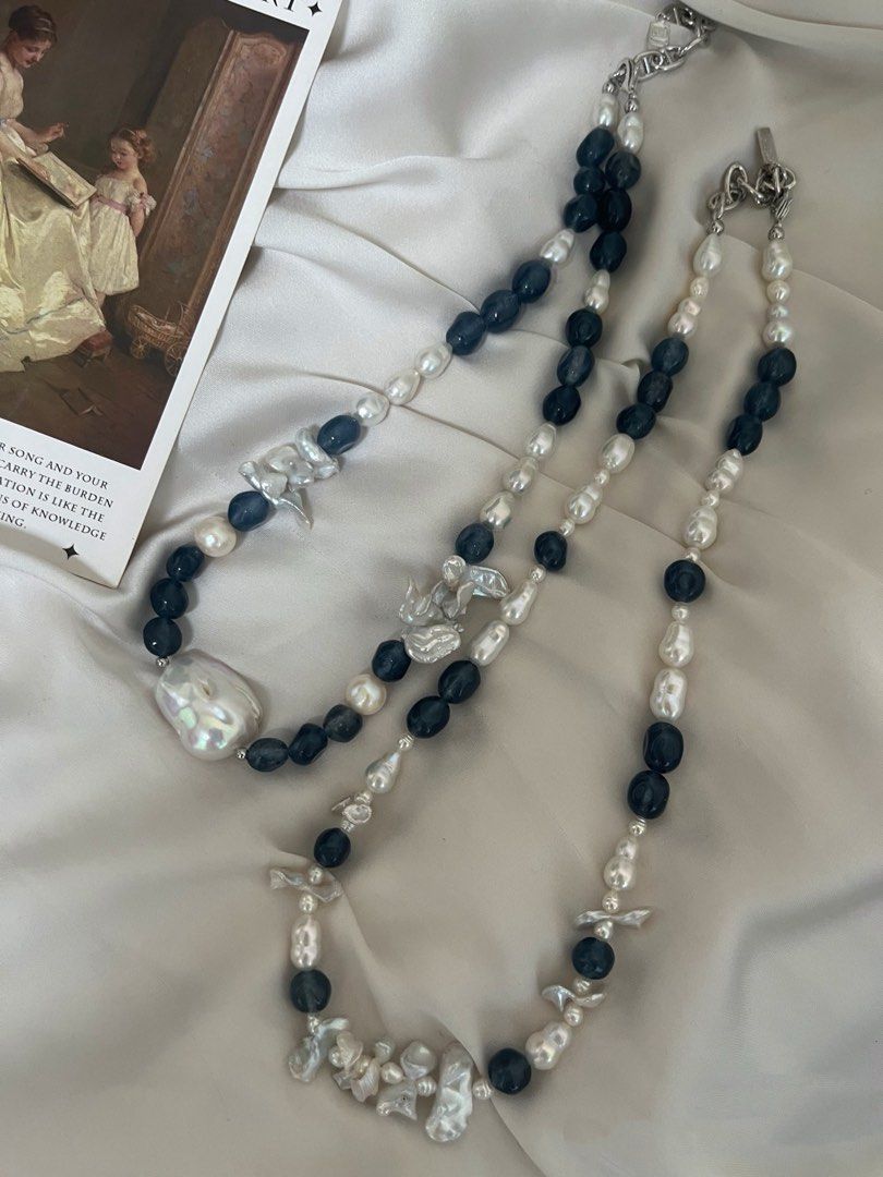 #PN803 Freshwater Pearl & Devil Blue Aquamarine Necklace | Butterfly Silver Baroque Pearl | Gourd Shaped | Fishtail Baroque | Natural Flaws| The Missing Piece