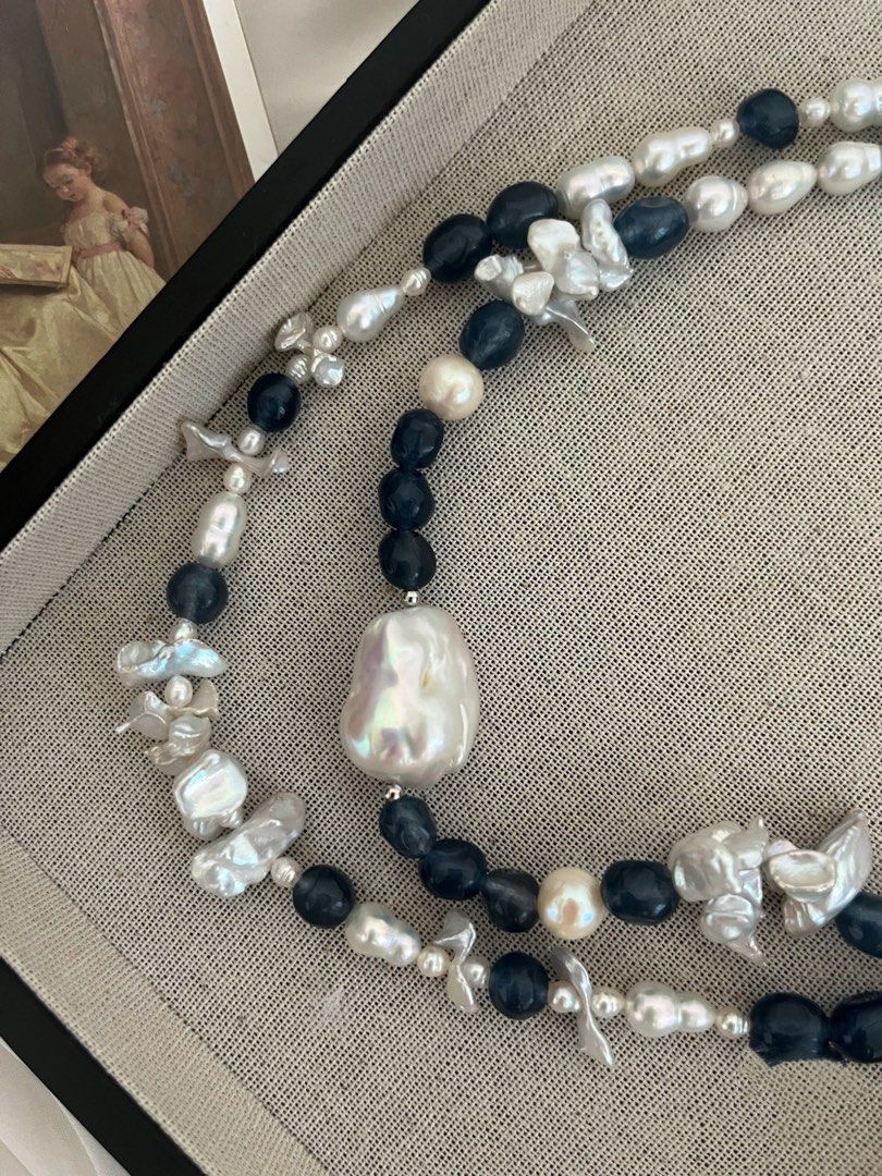 #PN803 Freshwater Pearl & Devil Blue Aquamarine Necklace | Butterfly Silver Baroque Pearl | Gourd Shaped | Fishtail Baroque | Natural Flaws| The Missing Piece