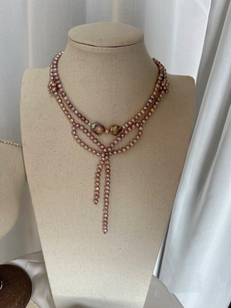 #PN804 [Floral Series] Freshwater Pearl Necklace | Big Bow Tie & Small Bow Tie Design | Purple Baroque | On-Trend, Always Timeless