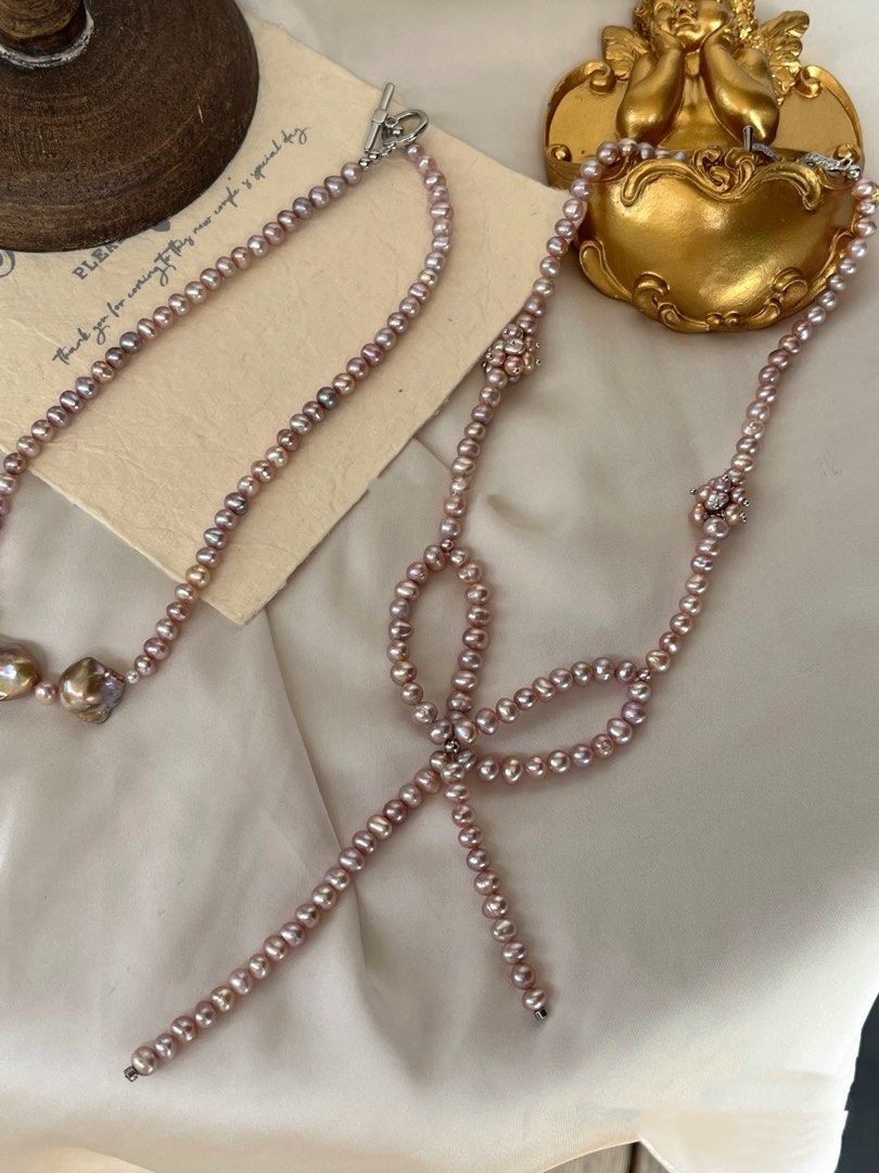 #PN804 [Floral Series] Freshwater Pearl Necklace | Big Bow Tie & Small Bow Tie Design | Purple Baroque | On-Trend, Always Timeless