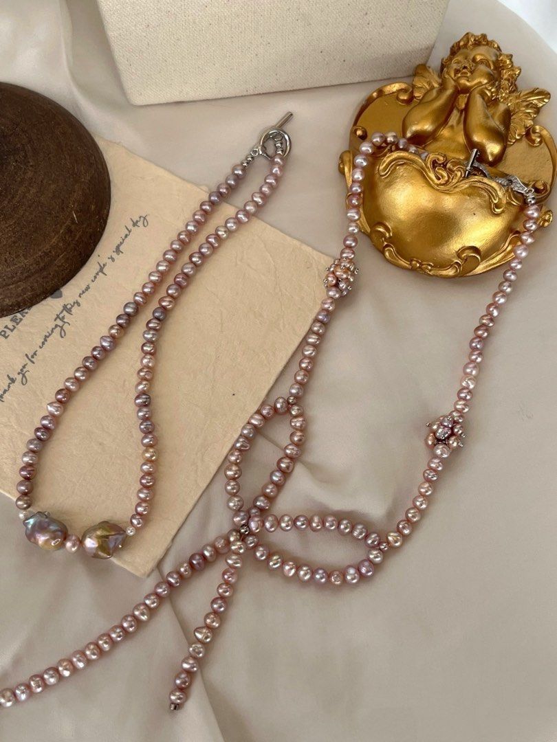#PN804 [Floral Series] Freshwater Pearl Necklace | Big Bow Tie & Small Bow Tie Design | Purple Baroque | On-Trend, Always Timeless