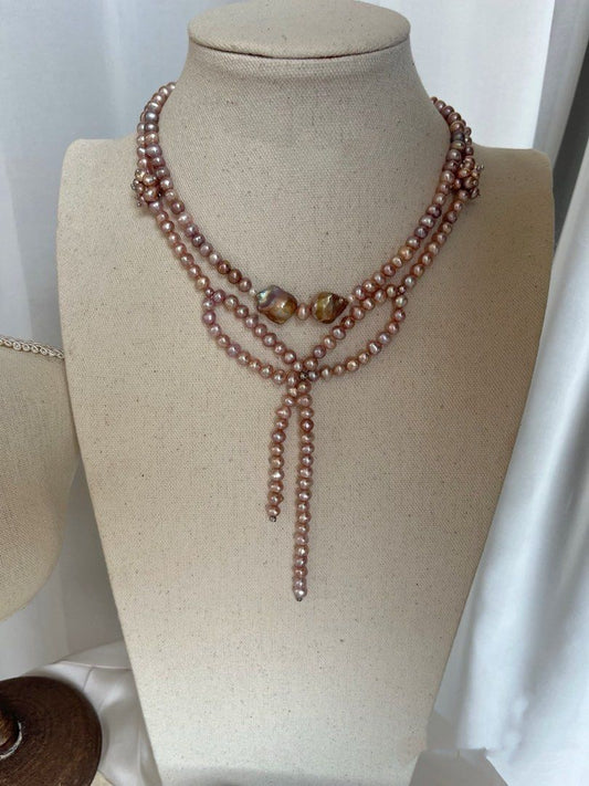 #PN804 [Floral Series] Freshwater Pearl Necklace | Big Bow Tie & Small Bow Tie Design | Purple Baroque | On-Trend, Always Timeless