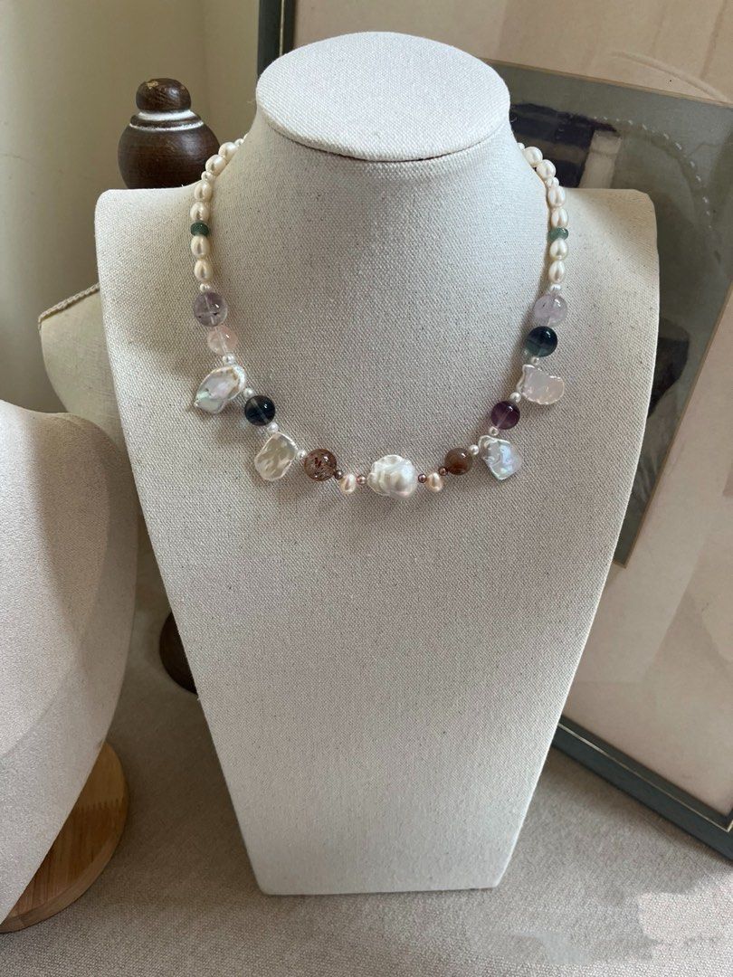 #PN814 Freshwater Pearl Necklace | Big Petal| Baroque | Fluorite | Rutile| Rainbow 🌈 Colours| Great Birthday Gift 🎁