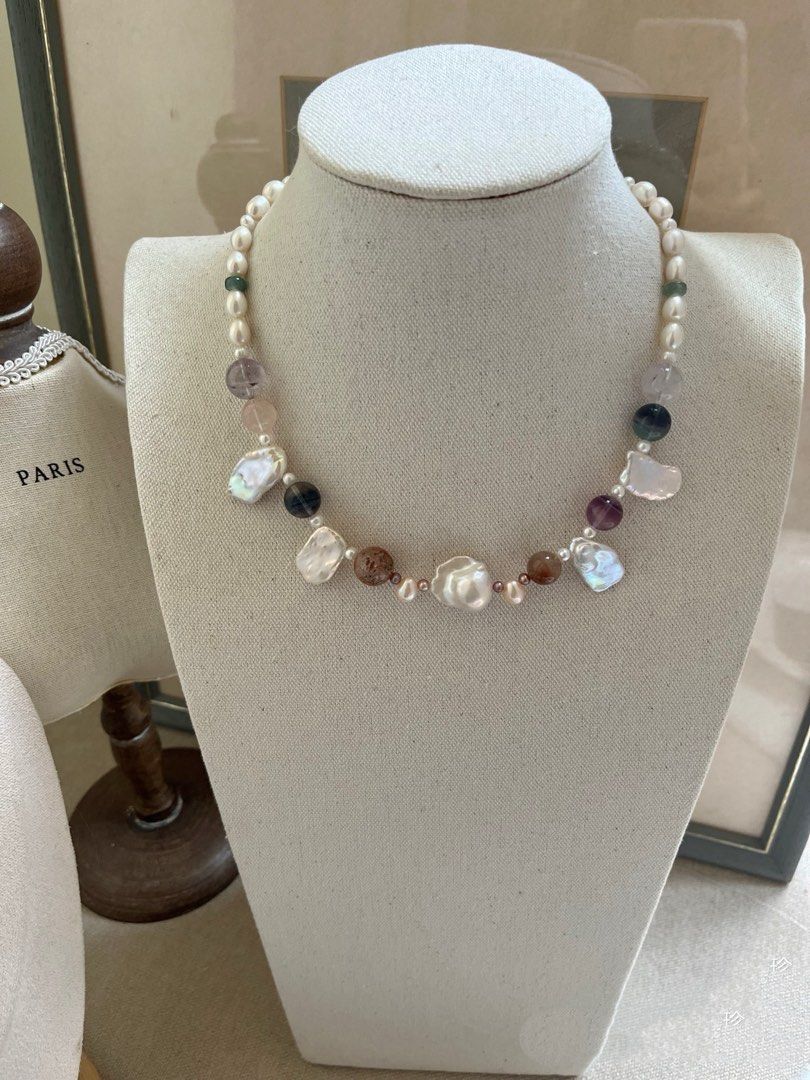 #PN814 Freshwater Pearl Necklace | Big Petal| Baroque | Fluorite | Rutile| Rainbow 🌈 Colours| Great Birthday Gift 🎁