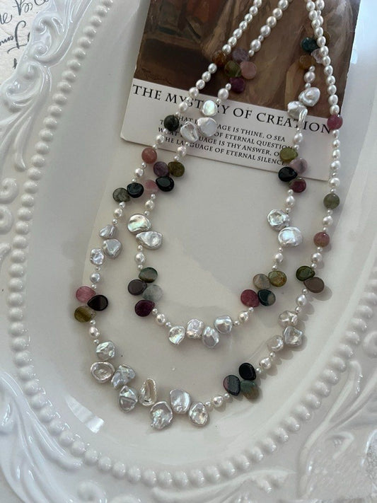 #PN815 Freshwater Pearl Necklace | Silver Blue Lustre Petal Baroque | Tourmaline Water-drop| High Quality | Great Anniversary Gift 🎁