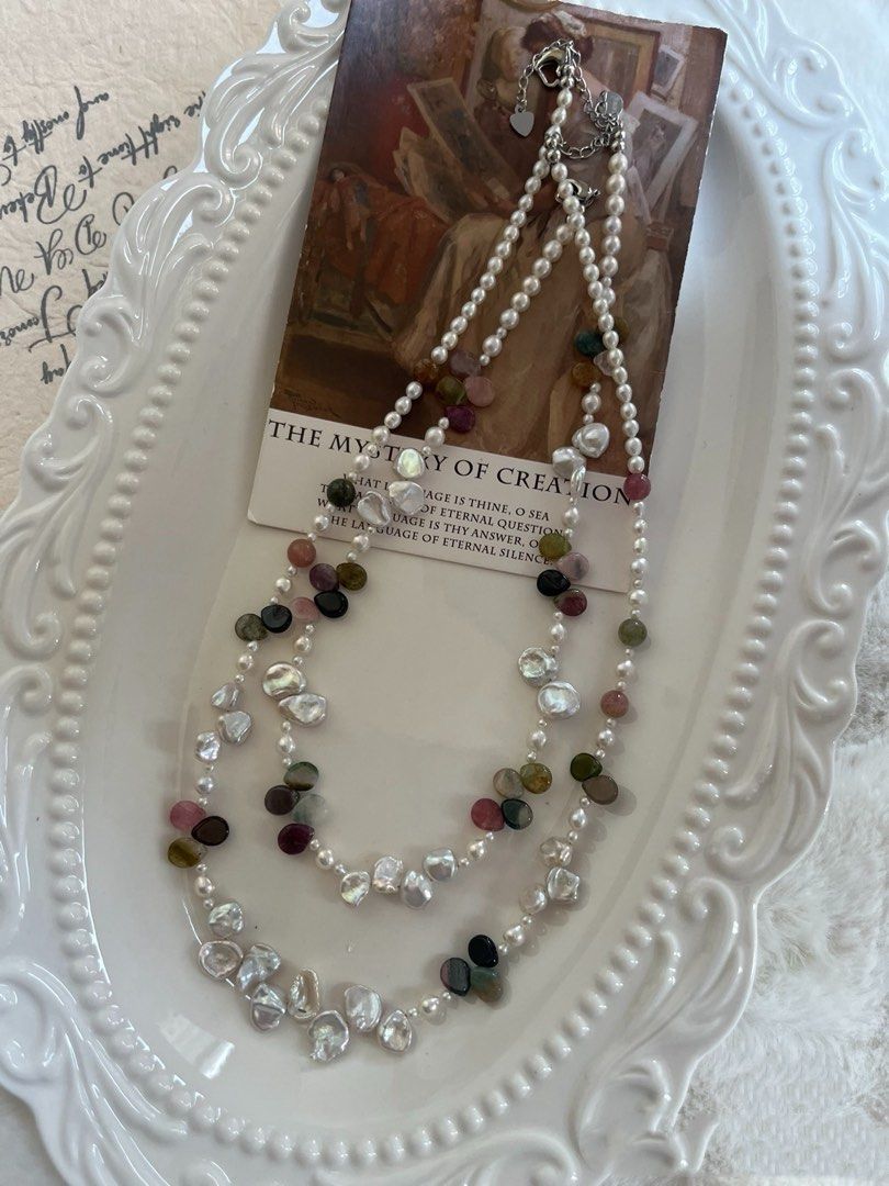 #PN815 Freshwater Pearl Necklace | Silver Blue Lustre Petal Baroque | Tourmaline Water-drop| High Quality | Great Anniversary Gift 🎁