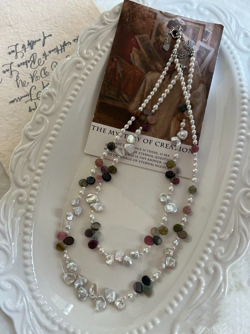 #PN815 Freshwater Pearl Necklace | Silver Blue Lustre Petal Baroque | Tourmaline Water-drop| High Quality | Great Anniversary Gift 🎁
