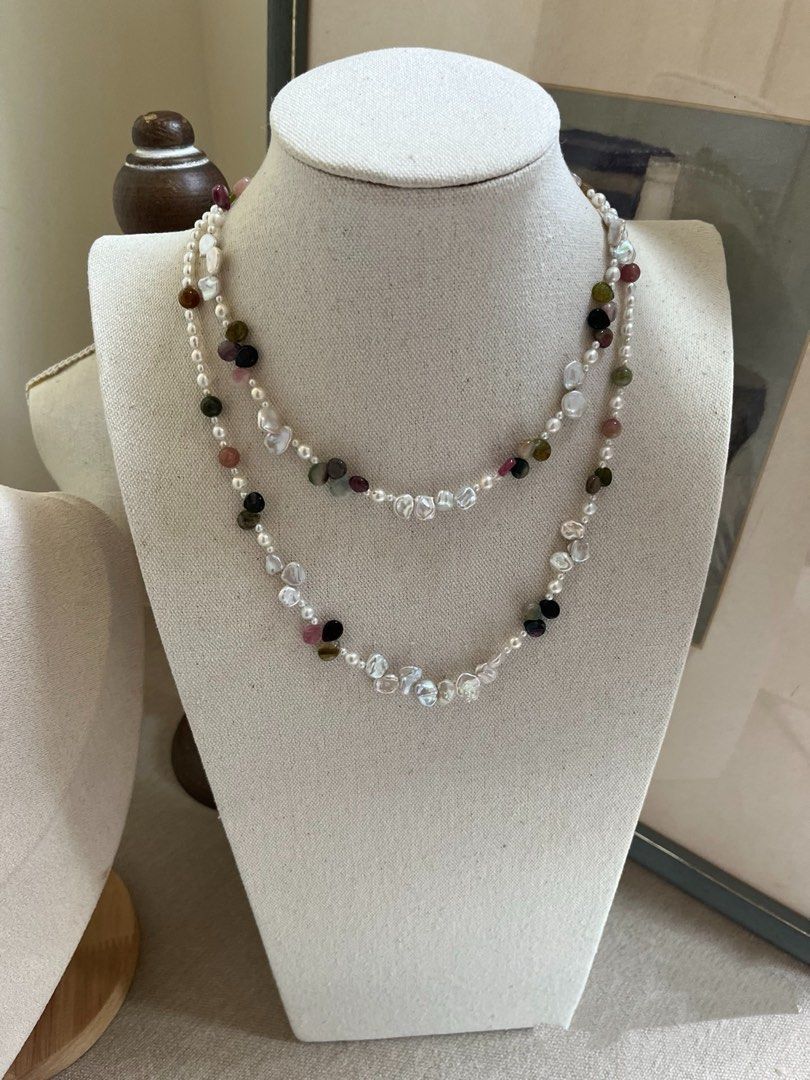 #PN815 Freshwater Pearl Necklace | Silver Blue Lustre Petal Baroque | Tourmaline Water-drop| High Quality | Great Anniversary Gift 🎁