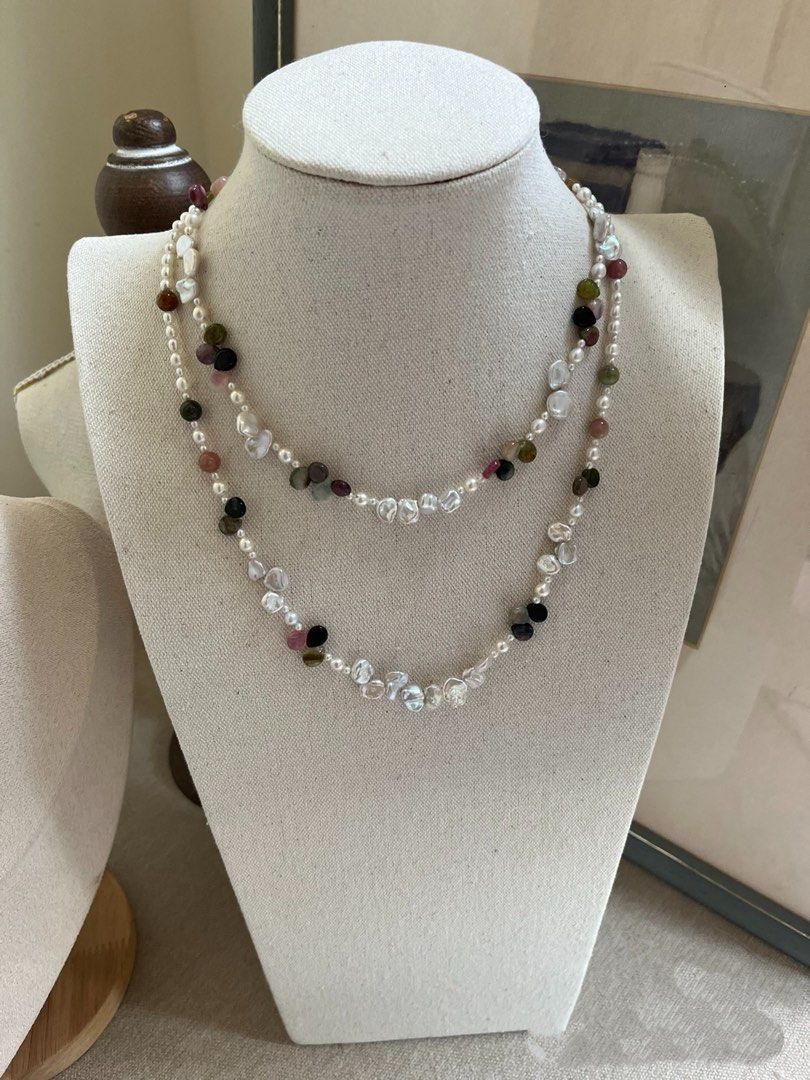#PN815 Freshwater Pearl Necklace | Silver Blue Lustre Petal Baroque | Tourmaline Water-drop| High Quality | Great Anniversary Gift 🎁