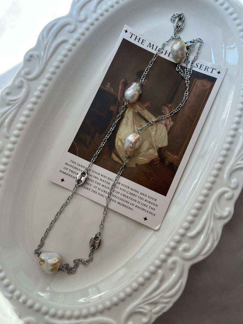 #PN816 Freshwater Pearl Necklace | Golden Lustrous Baroque | Chain Necklace | Flexible Length | 69cm Sweater Necklace | Titanium Chain Tarnish Free| Special Events Gift 💝