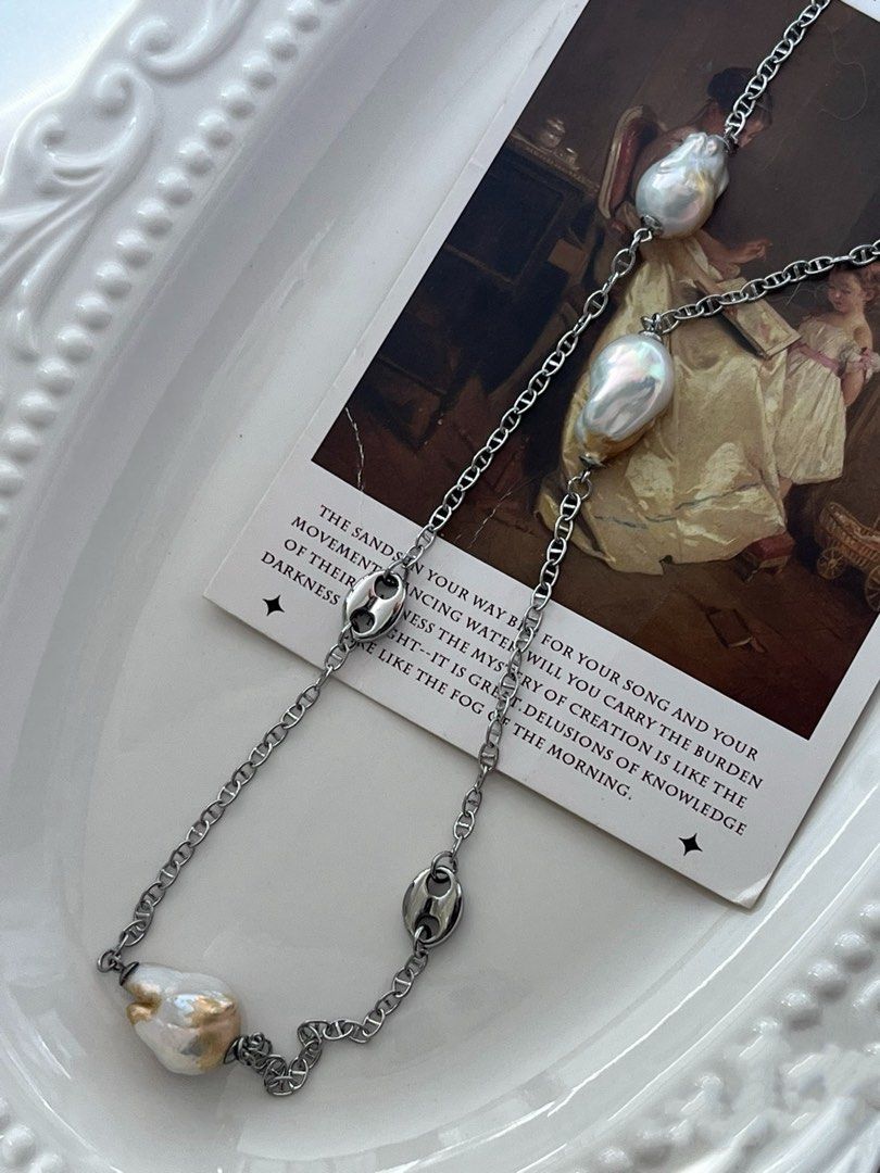 #PN816 Freshwater Pearl Necklace | Golden Lustrous Baroque | Chain Necklace | Flexible Length | 69cm Sweater Necklace | Titanium Chain Tarnish Free| Special Events Gift 💝