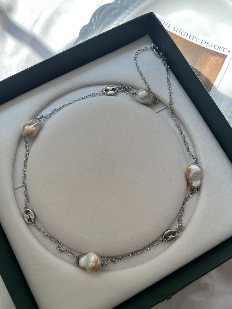 #PN816 Freshwater Pearl Necklace | Golden Lustrous Baroque | Chain Necklace | Flexible Length | 69cm Sweater Necklace | Titanium Chain Tarnish Free| Special Events Gift 💝