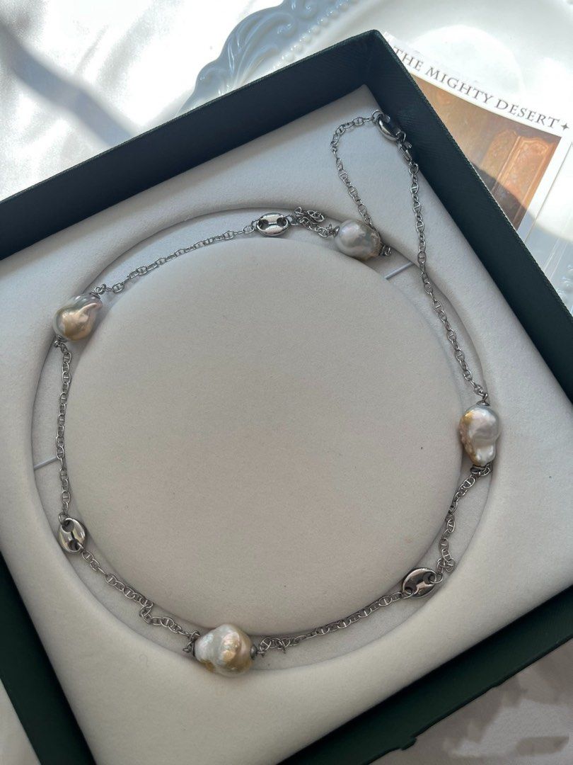 #PN816 Freshwater Pearl Necklace | Golden Lustrous Baroque | Chain Necklace | Flexible Length | 69cm Sweater Necklace | Titanium Chain Tarnish Free| Special Events Gift 💝