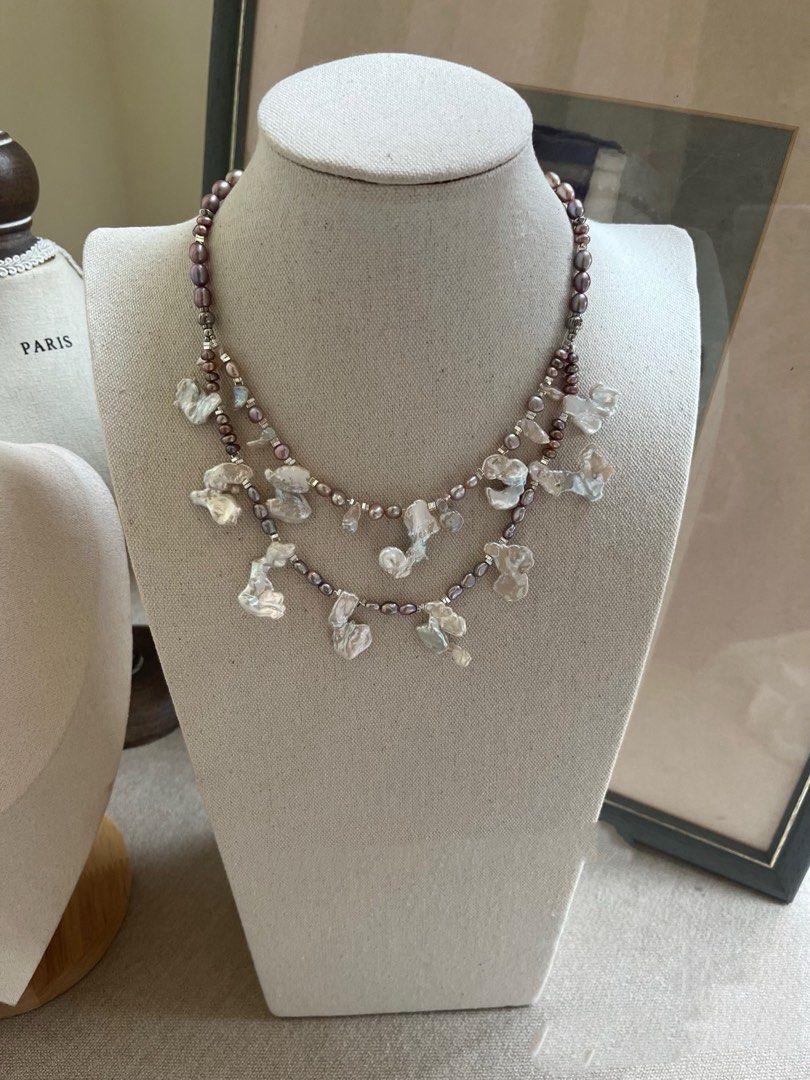 #PN817 Freshwater Pearl Necklace | Double Layered | Character Petal Baroque Blue Silver Lustre | Inner Round 42cm| Metallic Rice Pearl | Wedding 💝