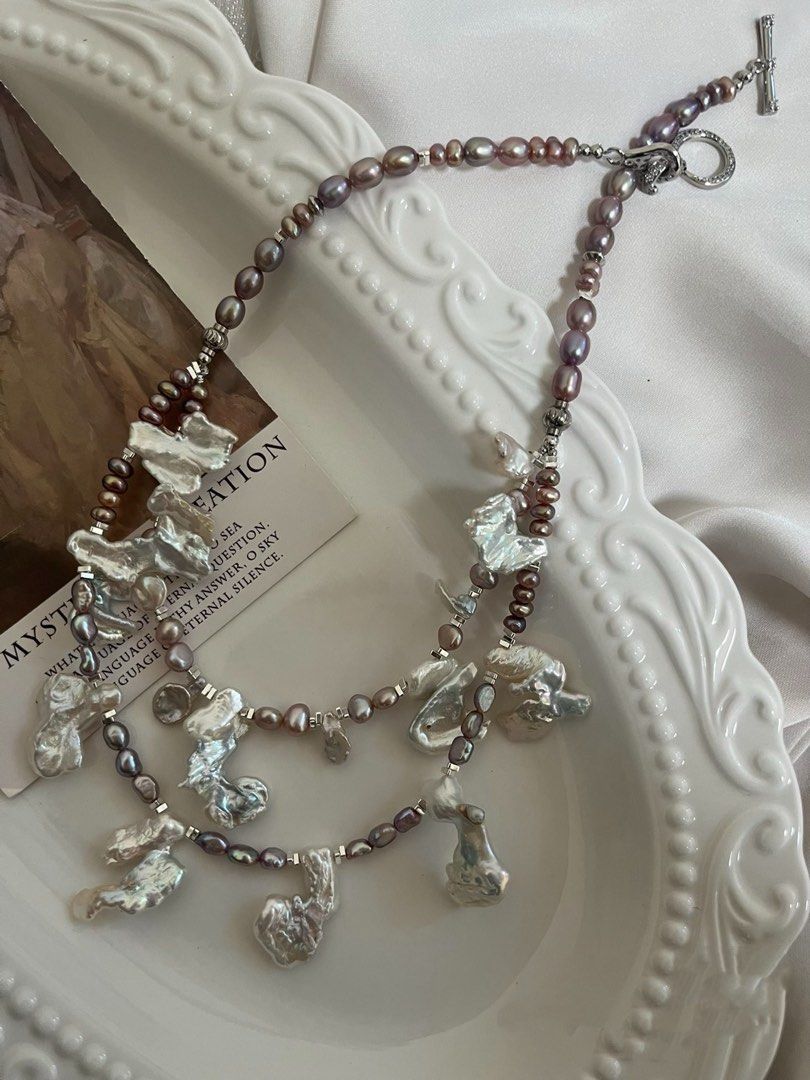 #PN817 Freshwater Pearl Necklace | Double Layered | Character Petal Baroque Blue Silver Lustre | Inner Round 42cm| Metallic Rice Pearl | Wedding 💝