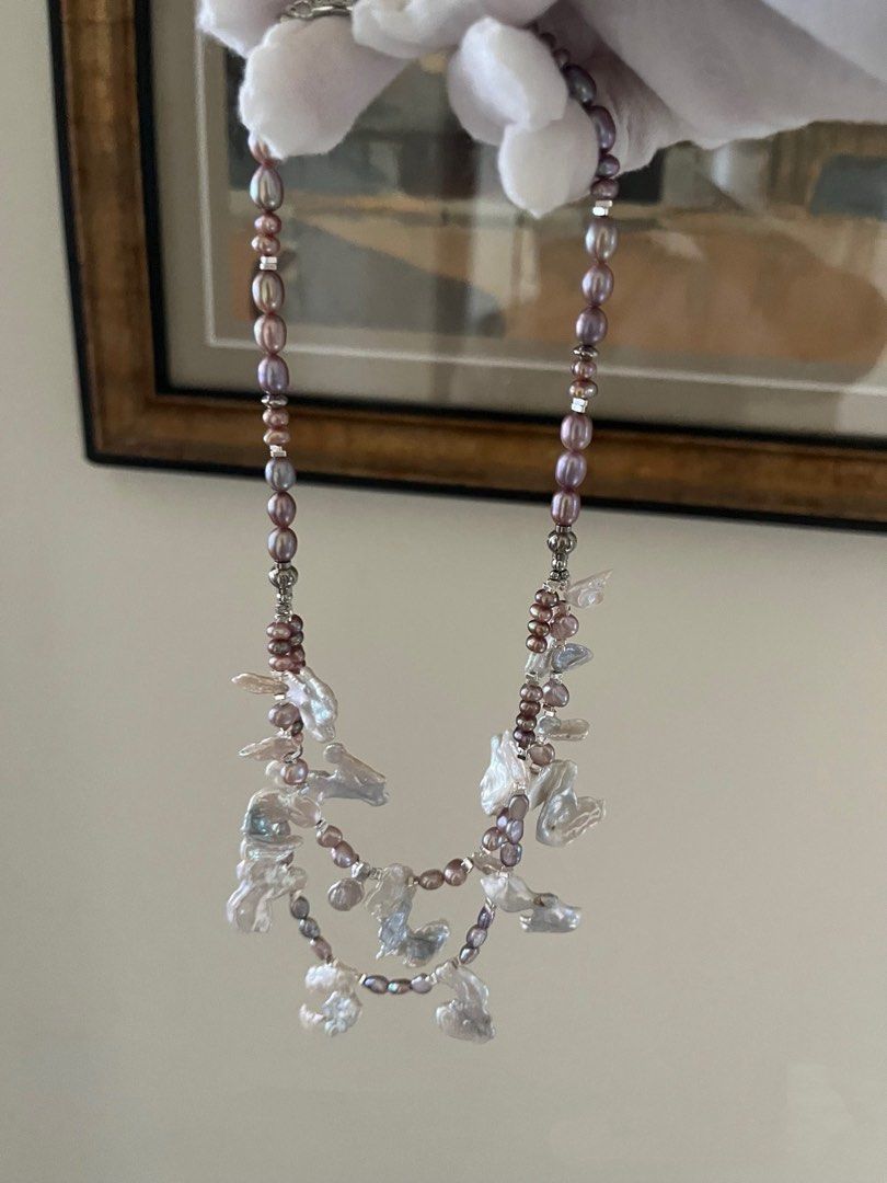 #PN817 Freshwater Pearl Necklace | Double Layered | Character Petal Baroque Blue Silver Lustre | Inner Round 42cm| Metallic Rice Pearl | Wedding 💝