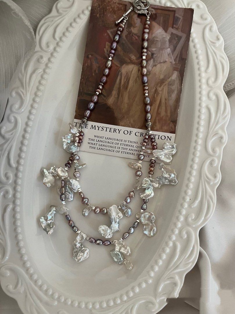 #PN817 Freshwater Pearl Necklace | Double Layered | Character Petal Baroque Blue Silver Lustre | Inner Round 42cm| Metallic Rice Pearl | Wedding 💝