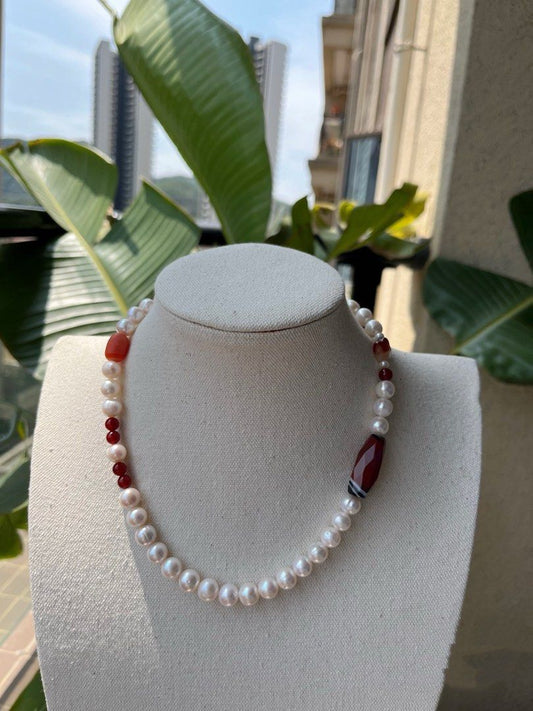 #PN818 Freshwater Pearl Necklace | 8-10mm Baroque Pearl | Natural Flaws Growth Lines| Red Agate | Loved by Style Insiders