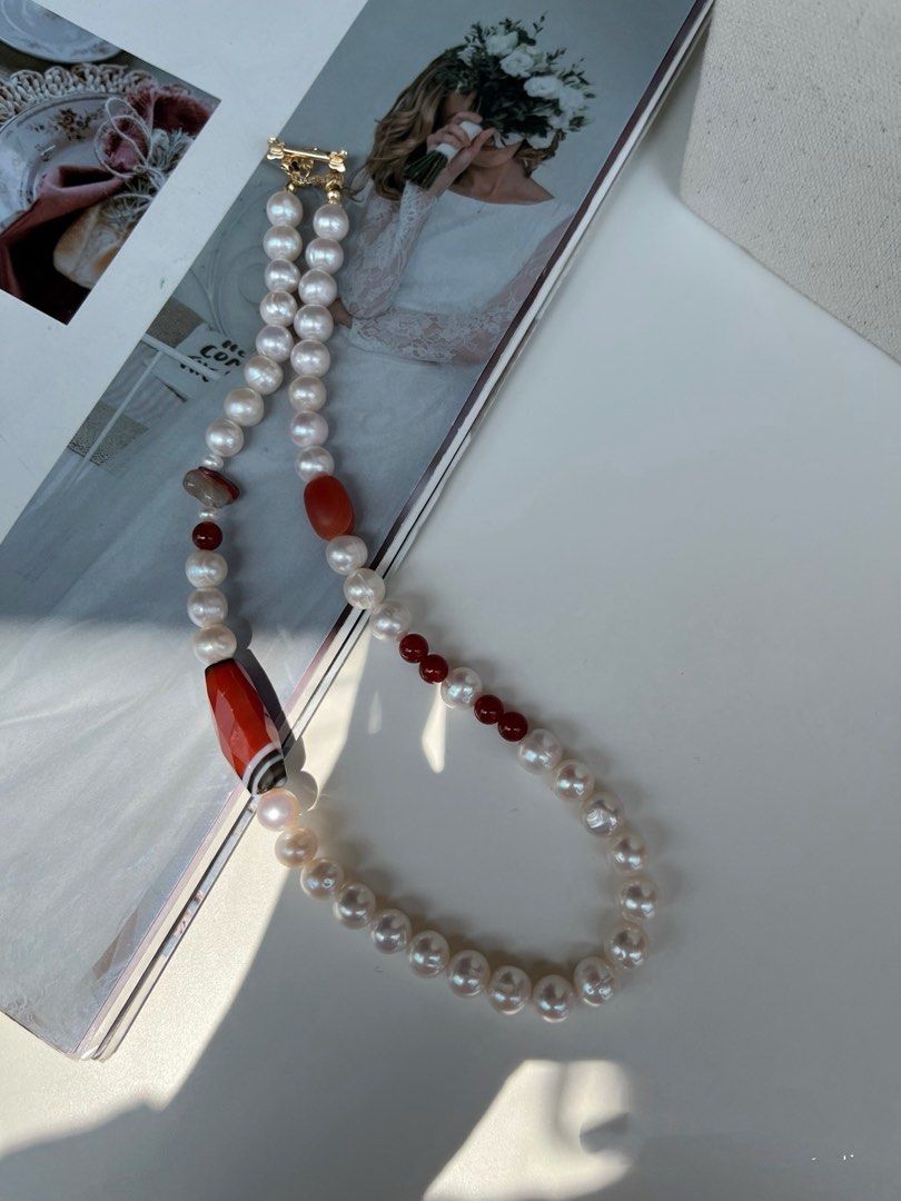#PN818 Freshwater Pearl Necklace | 8-10mm Baroque Pearl | Natural Flaws Growth Lines| Red Agate | Loved by Style Insiders