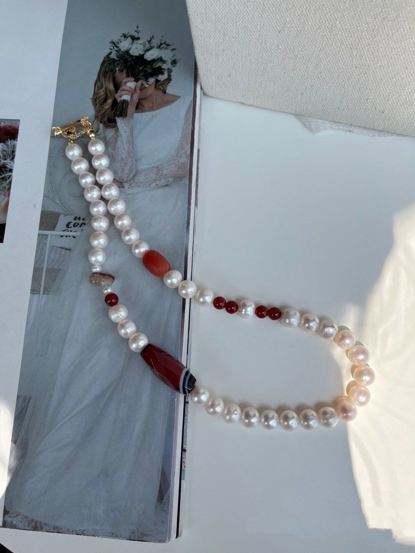#PN818 Freshwater Pearl Necklace | 8-10mm Baroque Pearl | Natural Flaws Growth Lines| Red Agate | Loved by Style Insiders