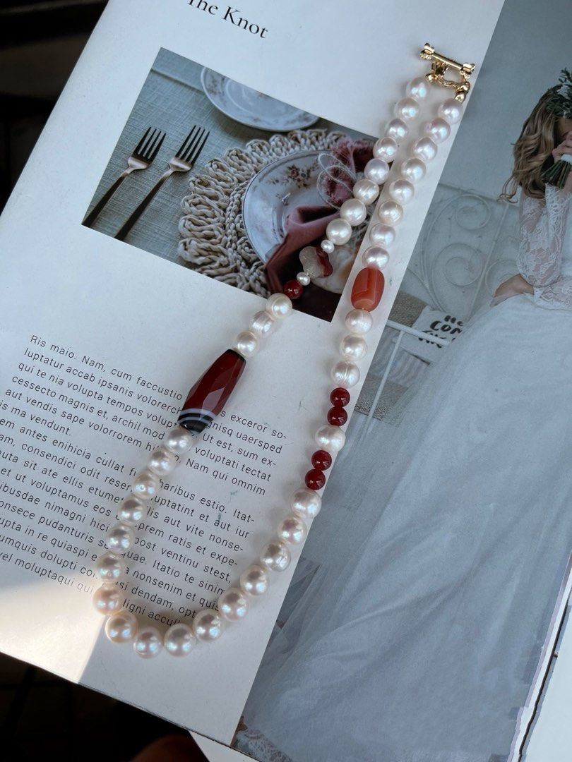 #PN818 Freshwater Pearl Necklace | 8-10mm Baroque Pearl | Natural Flaws Growth Lines| Red Agate | Loved by Style Insiders