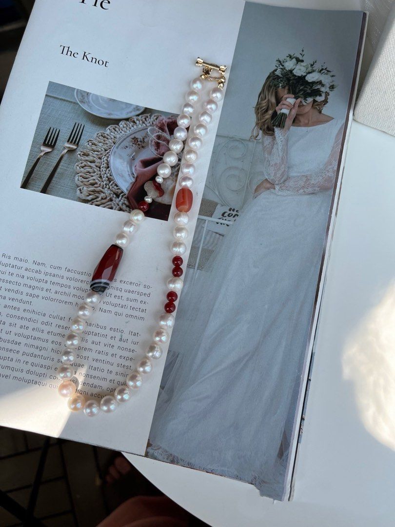 #PN818 Freshwater Pearl Necklace | 8-10mm Baroque Pearl | Natural Flaws Growth Lines| Red Agate | Loved by Style Insiders