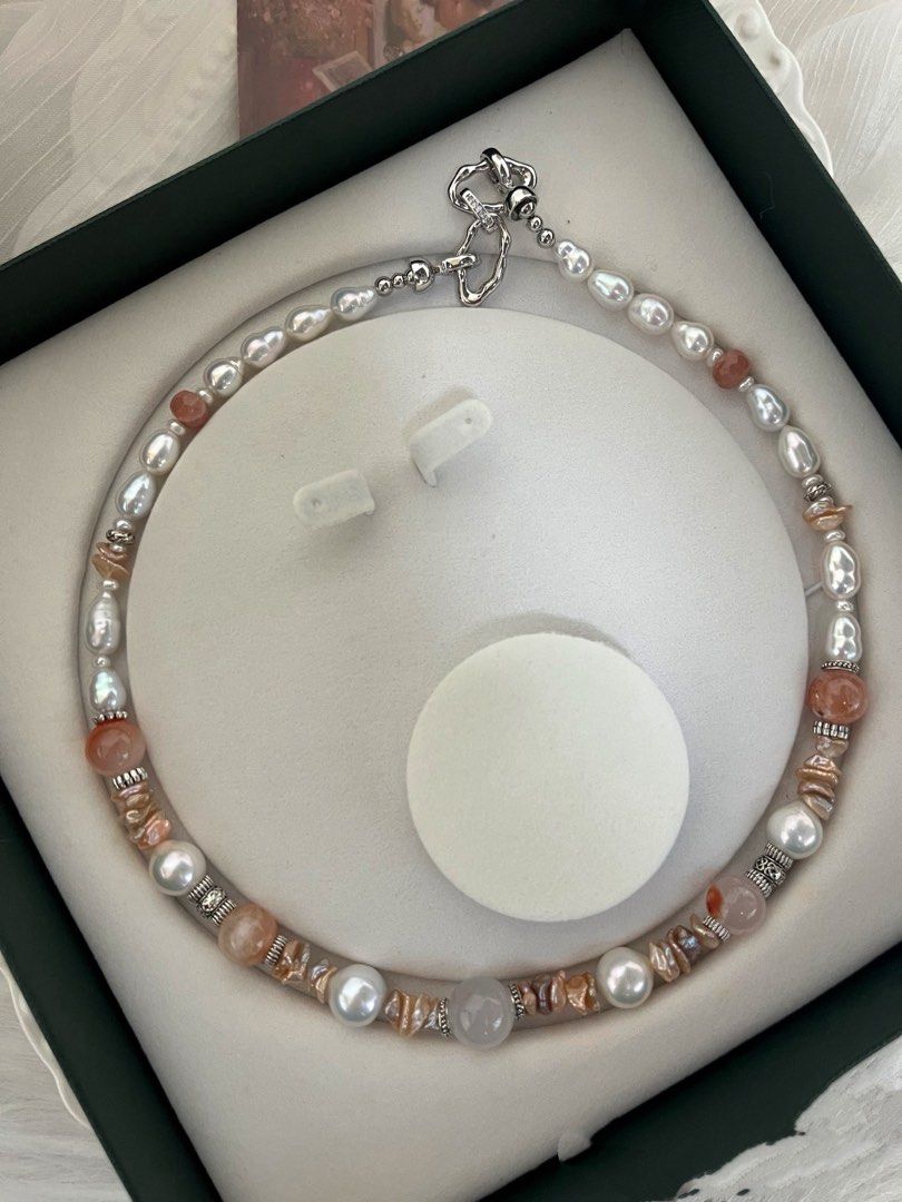 #PN819 [Floral Series] Freshwater Pearl Necklace | Sunstone| Blue Lustre Edison Pearl| Champagne Layered Petals | Wedding Gift 🎁