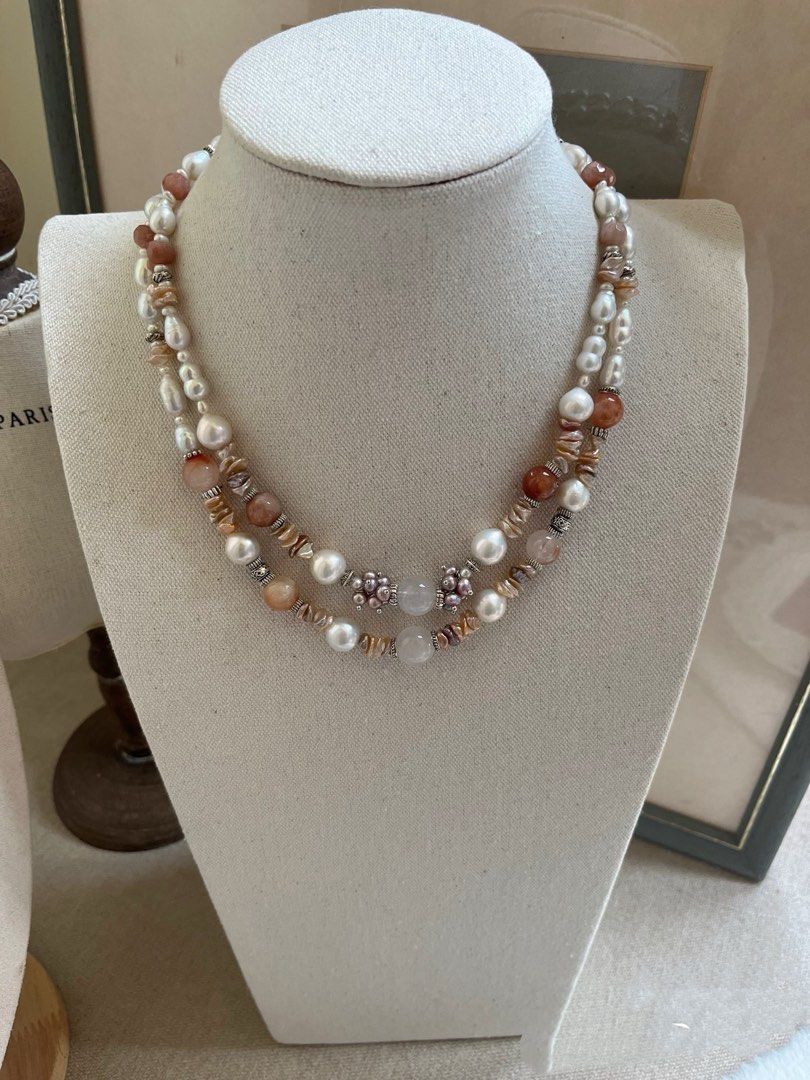 #PN819 [Floral Series] Freshwater Pearl Necklace | Sunstone| Blue Lustre Edison Pearl| Champagne Layered Petals | Wedding Gift 🎁