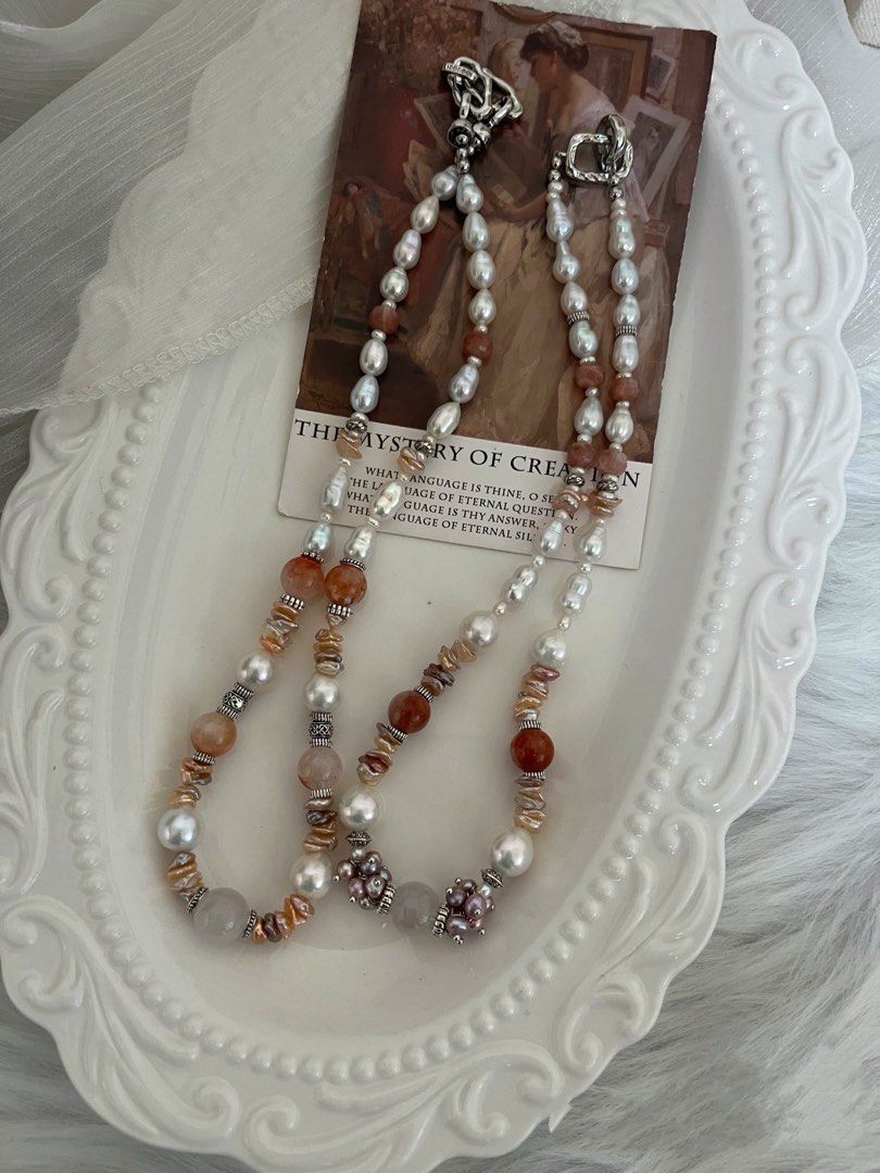 #PN819 [Floral Series] Freshwater Pearl Necklace | Sunstone| Blue Lustre Edison Pearl| Champagne Layered Petals | Wedding Gift 🎁