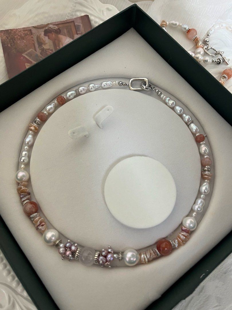 #PN819 [Floral Series] Freshwater Pearl Necklace | Sunstone| Blue Lustre Edison Pearl| Champagne Layered Petals | Wedding Gift 🎁