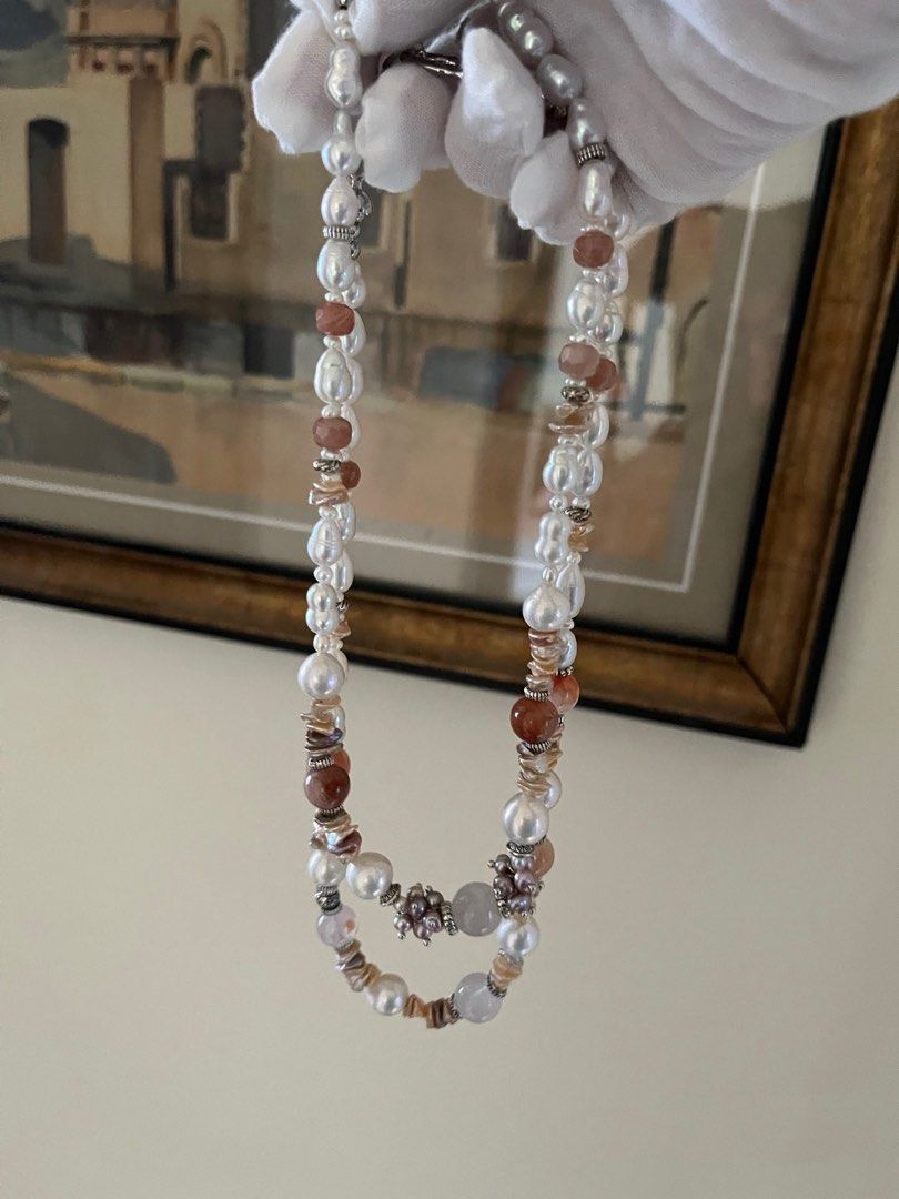 #PN819 [Floral Series] Freshwater Pearl Necklace | Sunstone| Blue Lustre Edison Pearl| Champagne Layered Petals | Wedding Gift 🎁