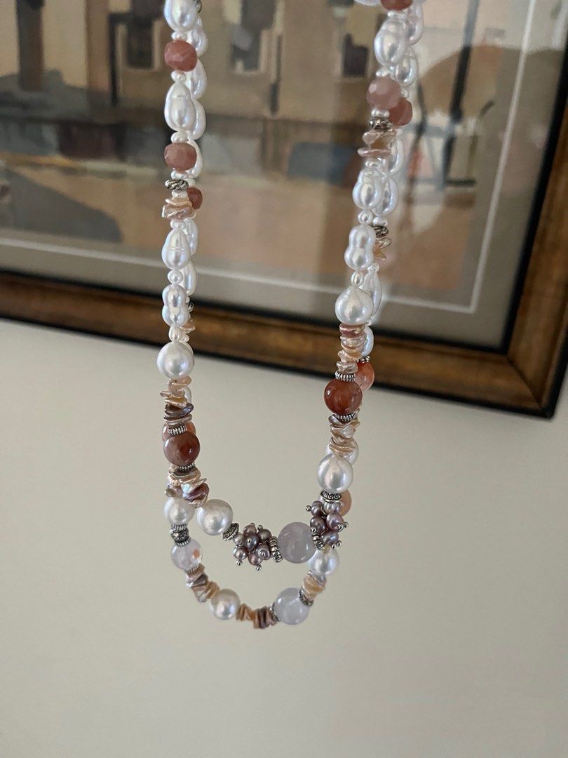 #PN819 [Floral Series] Freshwater Pearl Necklace | Sunstone| Blue Lustre Edison Pearl| Champagne Layered Petals | Wedding Gift 🎁