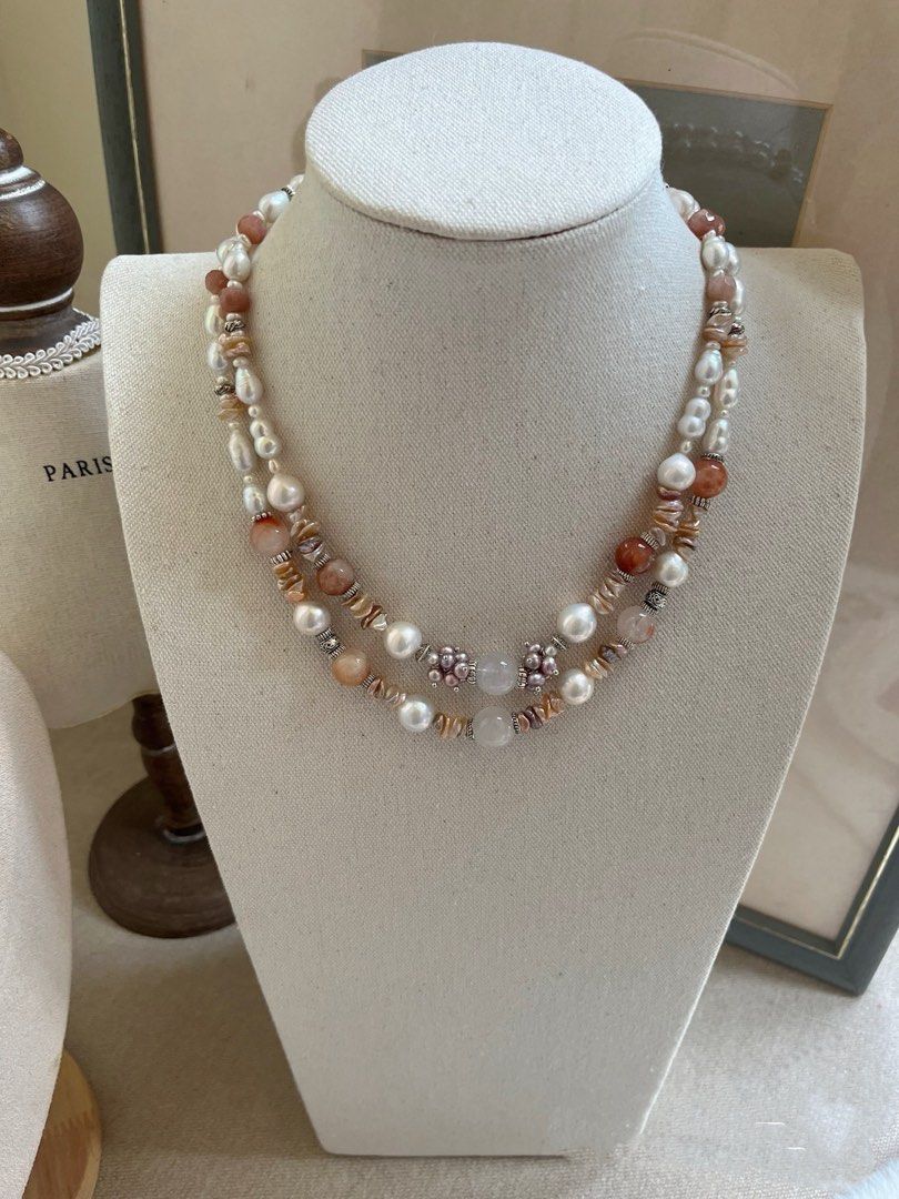 #PN819 [Floral Series] Freshwater Pearl Necklace | Sunstone| Blue Lustre Edison Pearl| Champagne Layered Petals | Wedding Gift 🎁