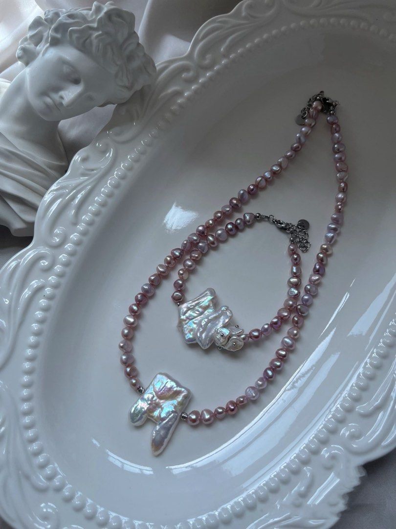 #PN821 [Floral Series] Freshwater Pearl Necklace & Bracelet Set | Lavender Baroque Pearl | Big Lustrous “Rabbit“ Pearl | Small Piece, Big Impact