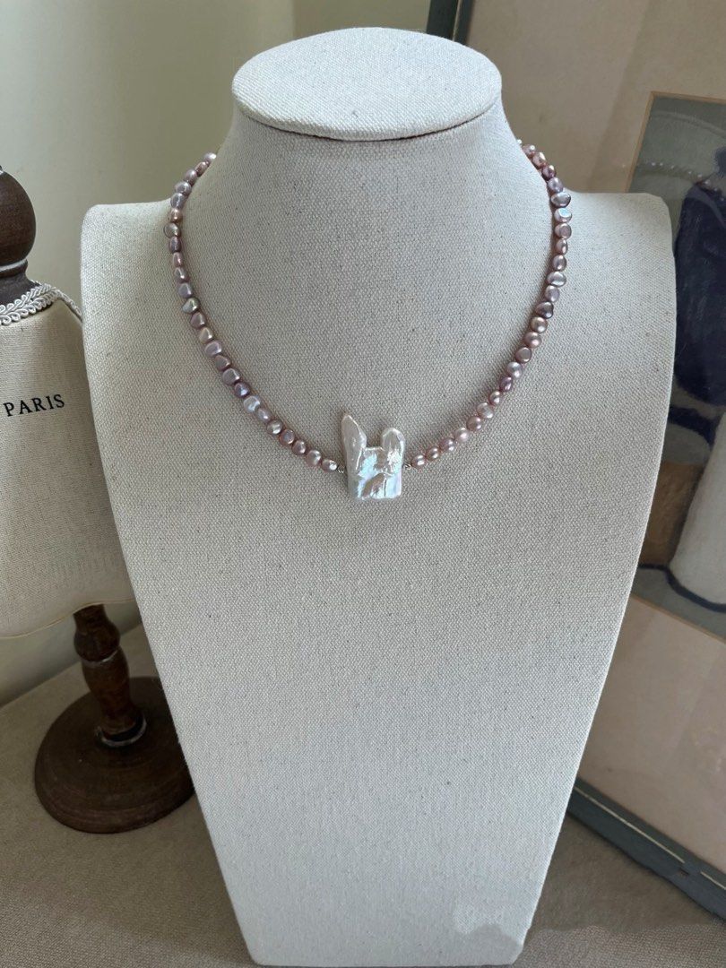 #PN821 [Floral Series] Freshwater Pearl Necklace & Bracelet Set | Lavender Baroque Pearl | Big Lustrous “Rabbit“ Pearl | Small Piece, Big Impact