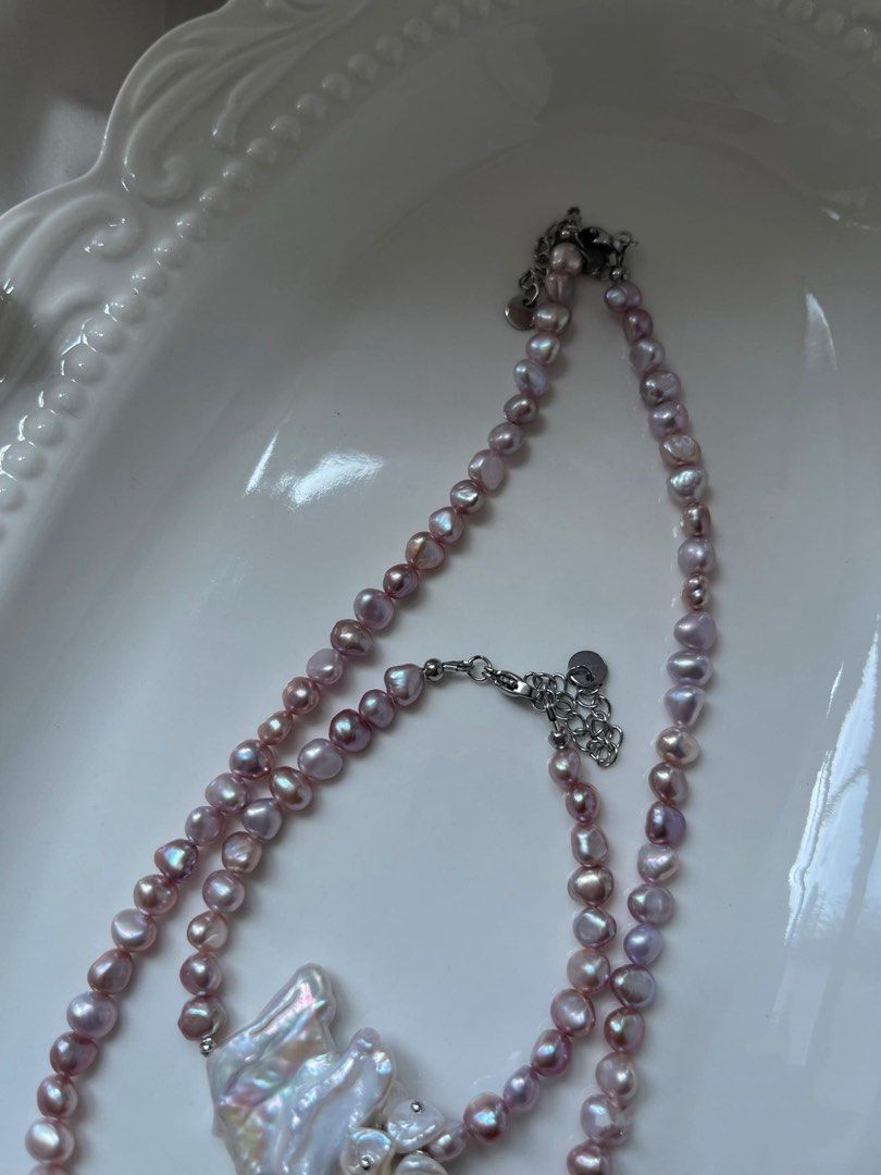 #PN821 [Floral Series] Freshwater Pearl Necklace & Bracelet Set | Lavender Baroque Pearl | Big Lustrous “Rabbit“ Pearl | Small Piece, Big Impact