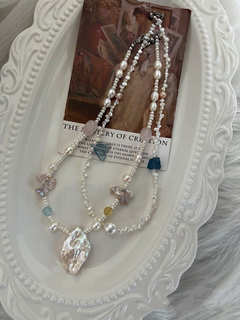 #PN822 Freshwater Pearl Necklace | 3-4mm Baby Pearl Stone| Huge Petal| Aquamarine Fishtail | Morganite | Baby Baroque | Lustrous | Dainty | Small Piece Big Impact