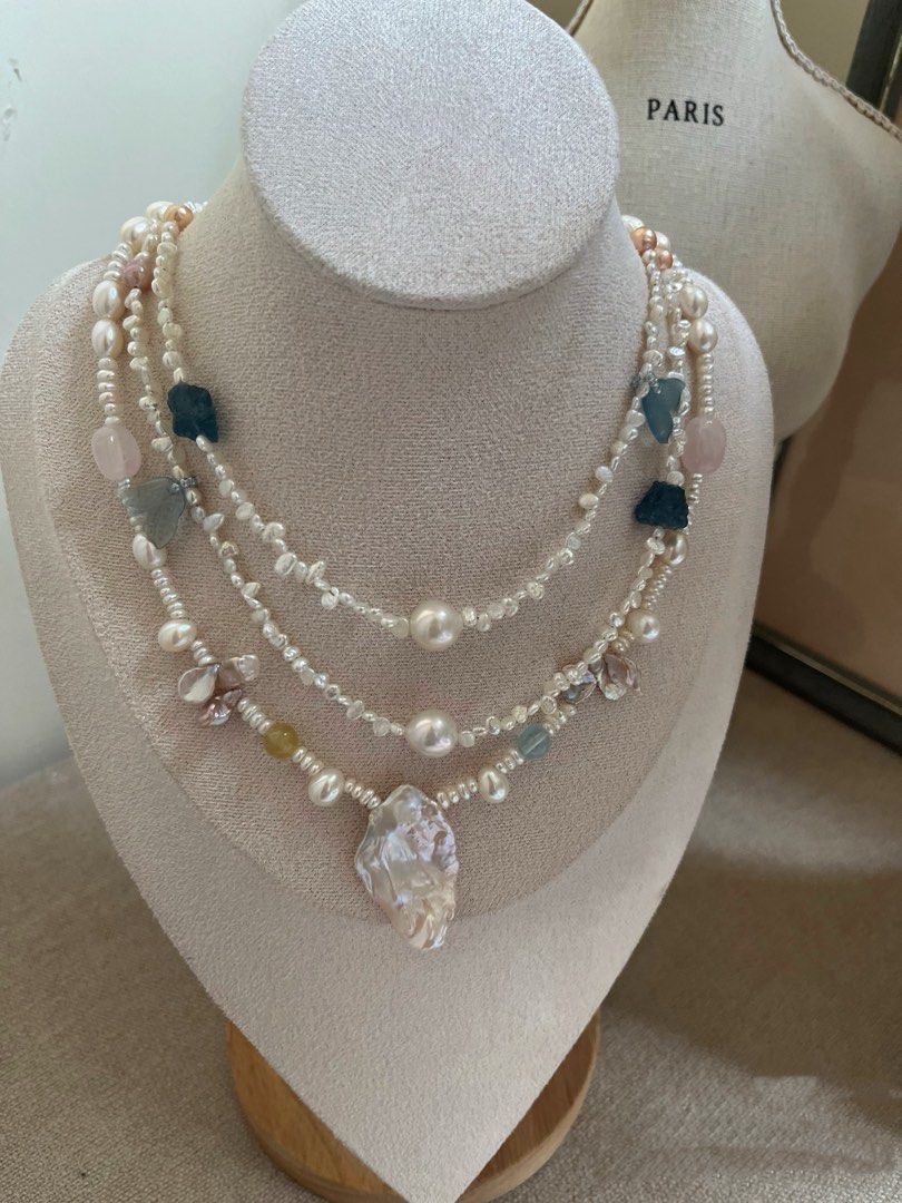 #PN822 Freshwater Pearl Necklace | 3-4mm Baby Pearl Stone| Huge Petal| Aquamarine Fishtail | Morganite | Baby Baroque | Lustrous | Dainty | Small Piece Big Impact