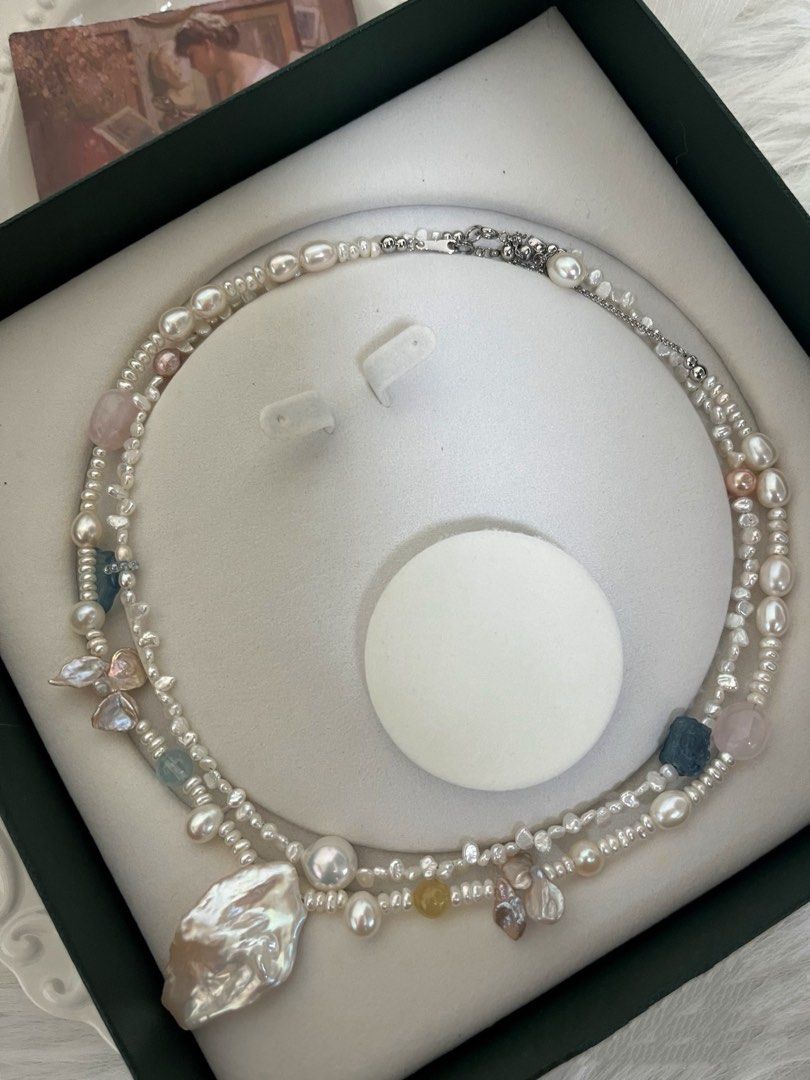 #PN822 Freshwater Pearl Necklace | 3-4mm Baby Pearl Stone| Huge Petal| Aquamarine Fishtail | Morganite | Baby Baroque | Lustrous | Dainty | Small Piece Big Impact