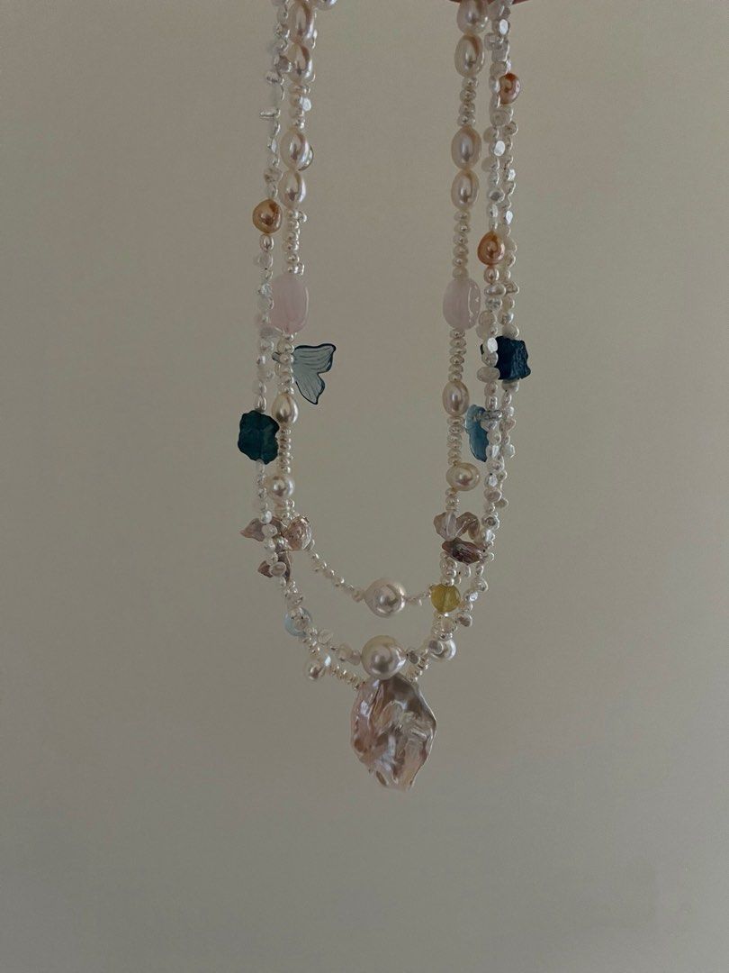 #PN822 Freshwater Pearl Necklace | 3-4mm Baby Pearl Stone| Huge Petal| Aquamarine Fishtail | Morganite | Baby Baroque | Lustrous | Dainty | Small Piece Big Impact