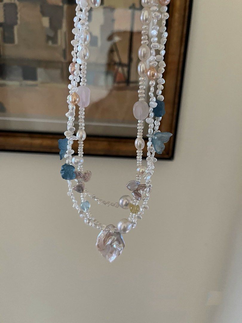 #PN822 Freshwater Pearl Necklace | 3-4mm Baby Pearl Stone| Huge Petal| Aquamarine Fishtail | Morganite | Baby Baroque | Lustrous | Dainty | Small Piece Big Impact