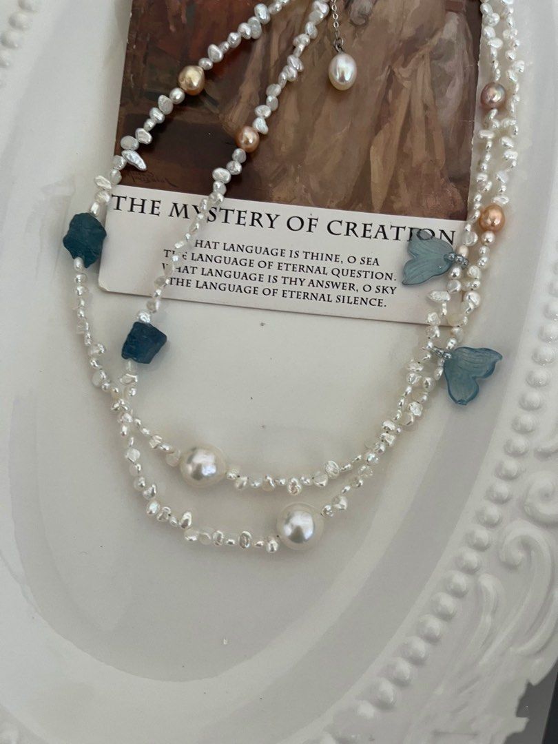 #PN822 Freshwater Pearl Necklace | 3-4mm Baby Pearl Stone| Huge Petal| Aquamarine Fishtail | Morganite | Baby Baroque | Lustrous | Dainty | Small Piece Big Impact