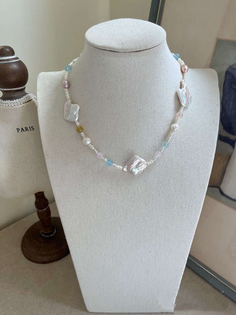 #PN823 Summer Macaron | Freshwater Pearl Necklace | Morganite | Irregular Big Square Baroque | Wrinkled Baroque | Lustrous | Don’t Miss This Gem