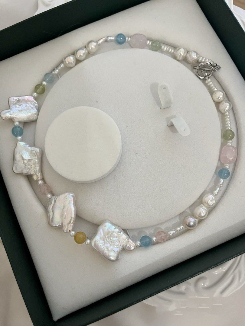 #PN823 Summer Macaron | Freshwater Pearl Necklace | Morganite | Irregular Big Square Baroque | Wrinkled Baroque | Lustrous | Don’t Miss This Gem