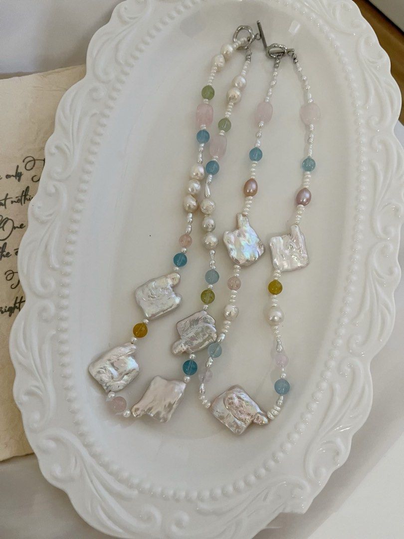 #PN823 Summer Macaron | Freshwater Pearl Necklace | Morganite | Irregular Big Square Baroque | Wrinkled Baroque | Lustrous | Don’t Miss This Gem