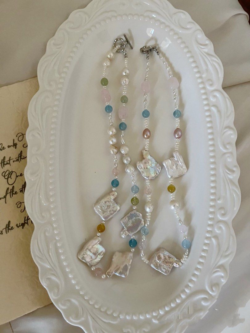 #PN823 Summer Macaron | Freshwater Pearl Necklace | Morganite | Irregular Big Square Baroque | Wrinkled Baroque | Lustrous | Don’t Miss This Gem