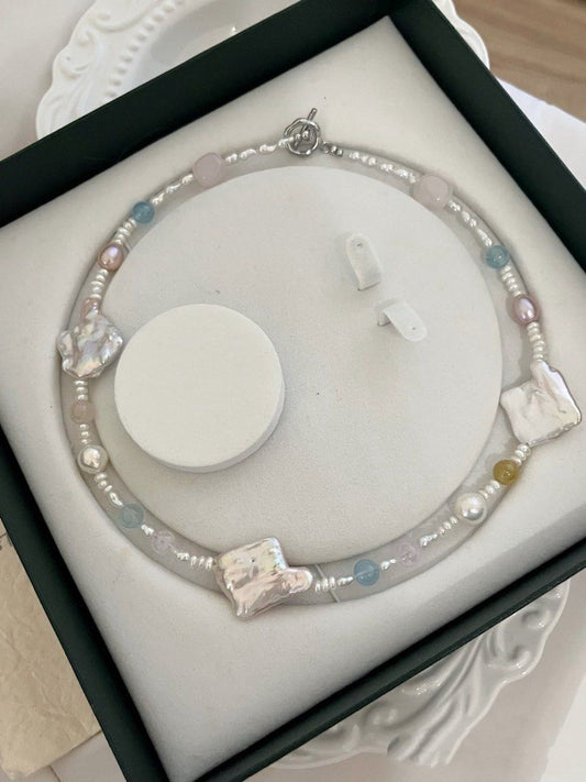 #PN823 Summer Macaron | Freshwater Pearl Necklace | Morganite | Irregular Big Square Baroque | Wrinkled Baroque | Lustrous | Don’t Miss This Gem