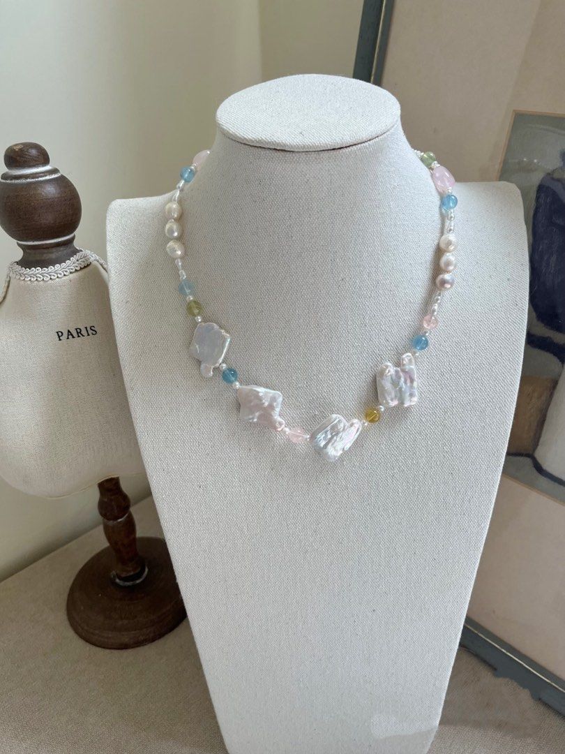 #PN823 Summer Macaron | Freshwater Pearl Necklace | Morganite | Irregular Big Square Baroque | Wrinkled Baroque | Lustrous | Don’t Miss This Gem