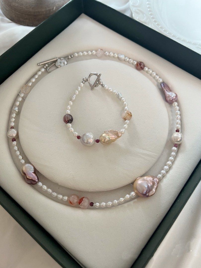 #PN824 Freshwater Pearl Necklace & Bracelet Set | Lustrous | Fire Quartz | Tourmaline | Baby Baroque | From Day to Night