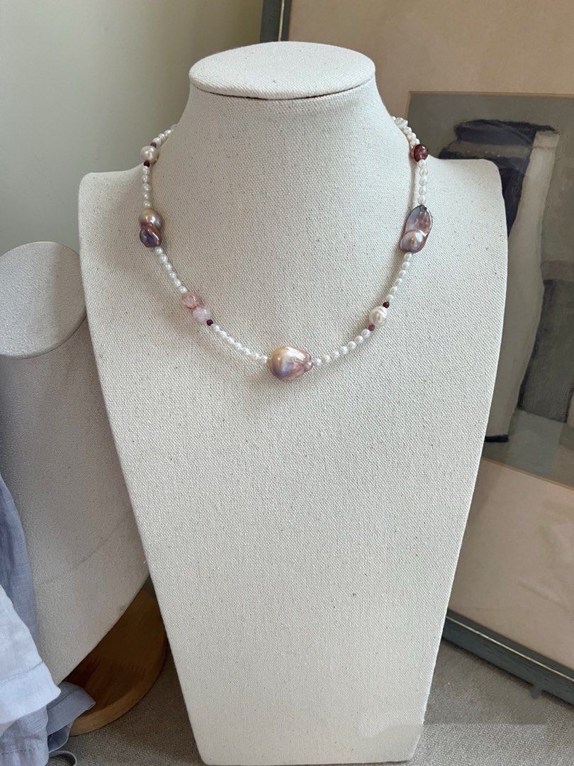 #PN824 Freshwater Pearl Necklace & Bracelet Set | Lustrous | Fire Quartz | Tourmaline | Baby Baroque | From Day to Night